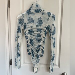 Free People White Sheer Floral Ruched-Back Bodysuit with Blue Print